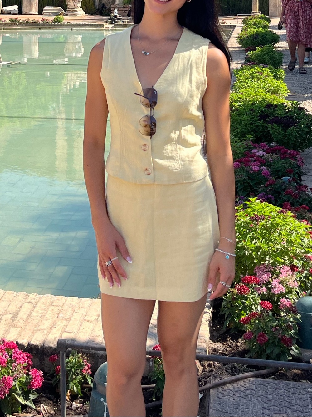 Abercrombie & Fitch Pale Yellow Linen Button-Front Vest and Mini Skirt Set